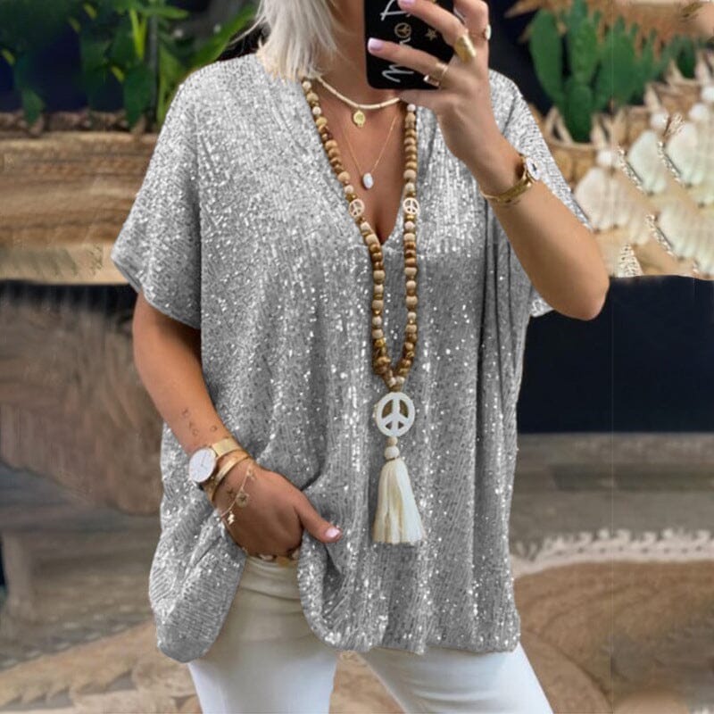 Loose-fitting V-neck T-shirt with Sequins