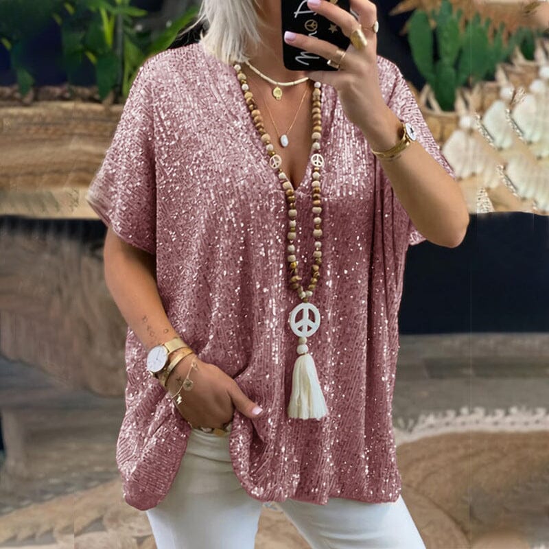 Loose-fitting V-neck T-shirt with Sequins
