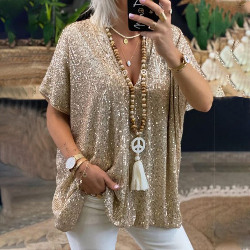 Loose-fitting V-neck T-shirt with Sequins