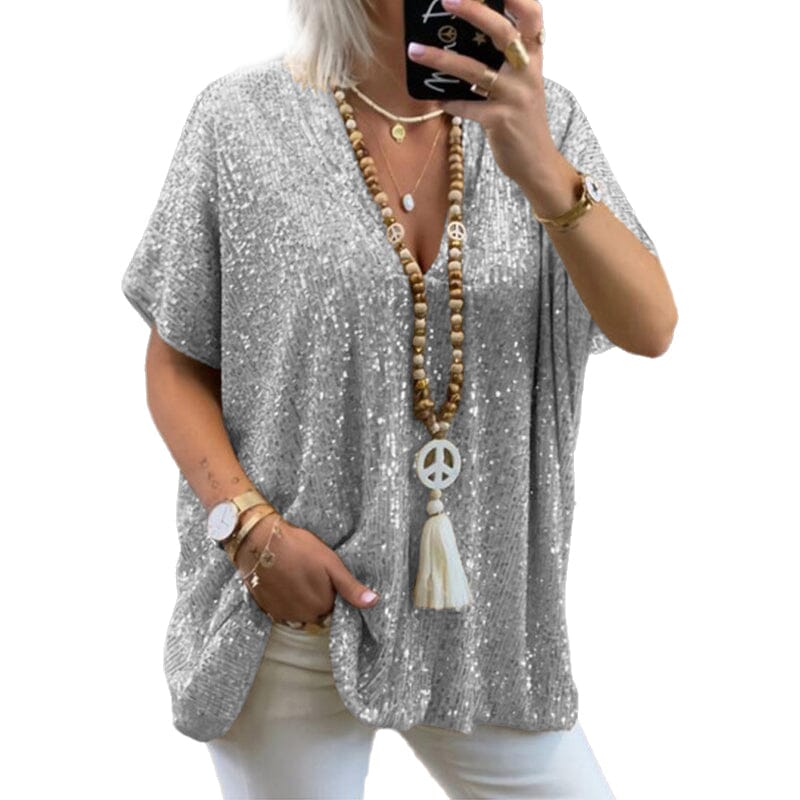 Loose-fitting V-neck T-shirt with Sequins