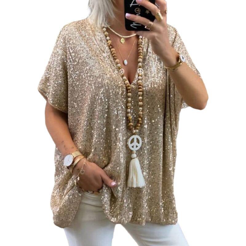 Loose-fitting V-neck T-shirt with Sequins