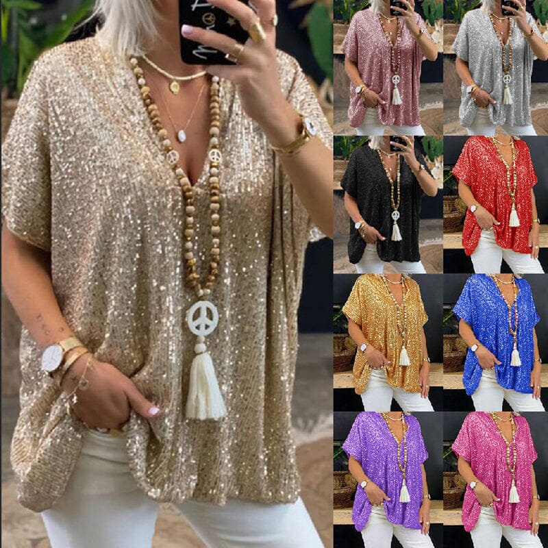 Loose-fitting V-neck T-shirt with Sequins