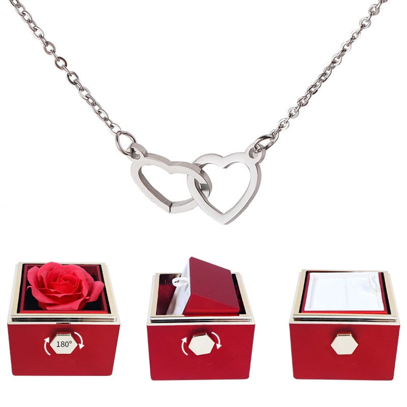 Eternally Preserved Rotating Rose Box - With Mirrored Heart Necklace