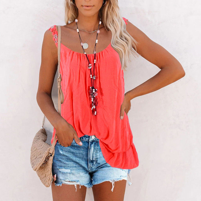Solid color tank top with lace ribbon