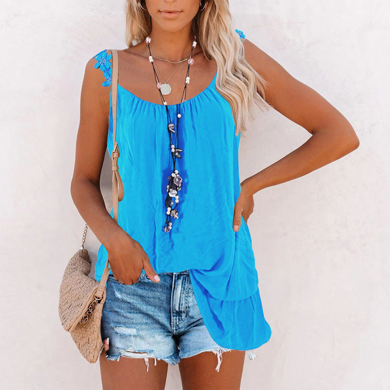 Solid color tank top with lace ribbon