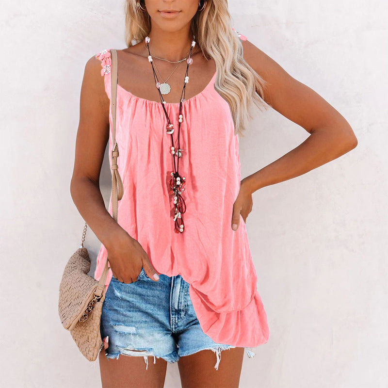 Solid color tank top with lace ribbon