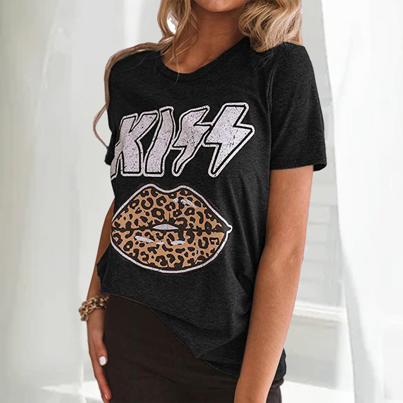 Kiss Print Leopard Lips T-shirt