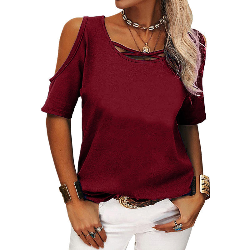 Solid Color Off-the-shoulder Short Sleeves