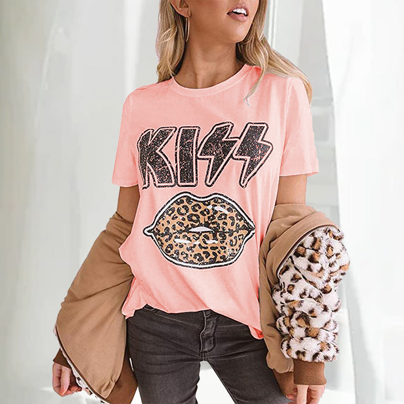 Kiss Print Leopard Lips T-shirt