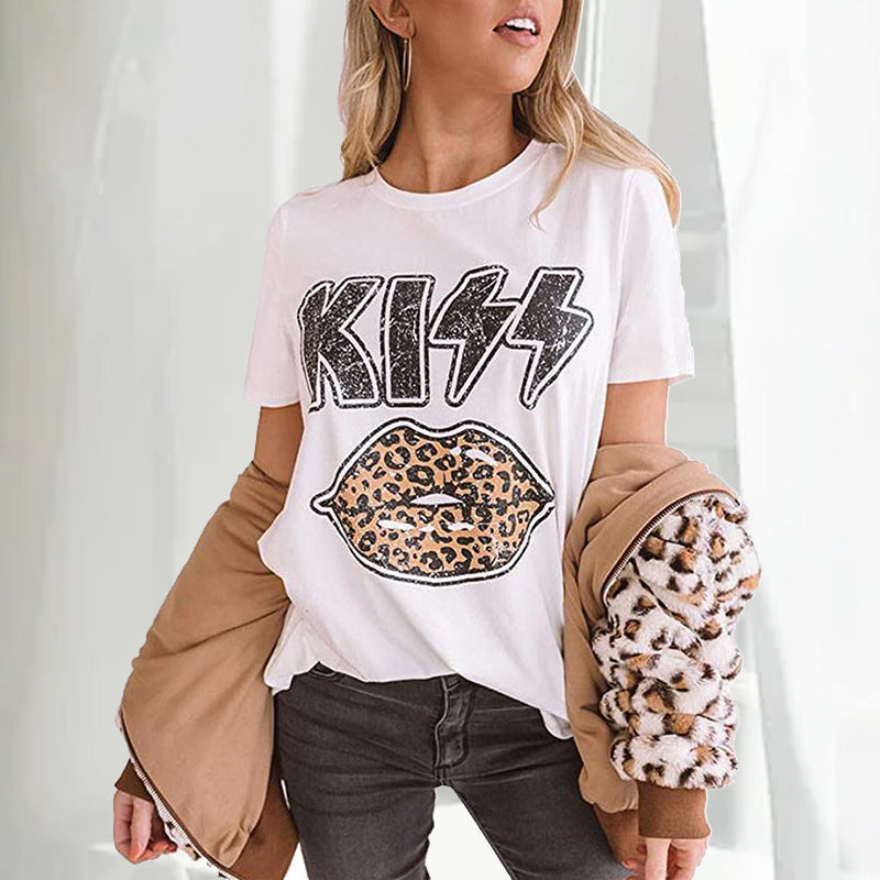 Kiss Print Leopard Lips T-shirt