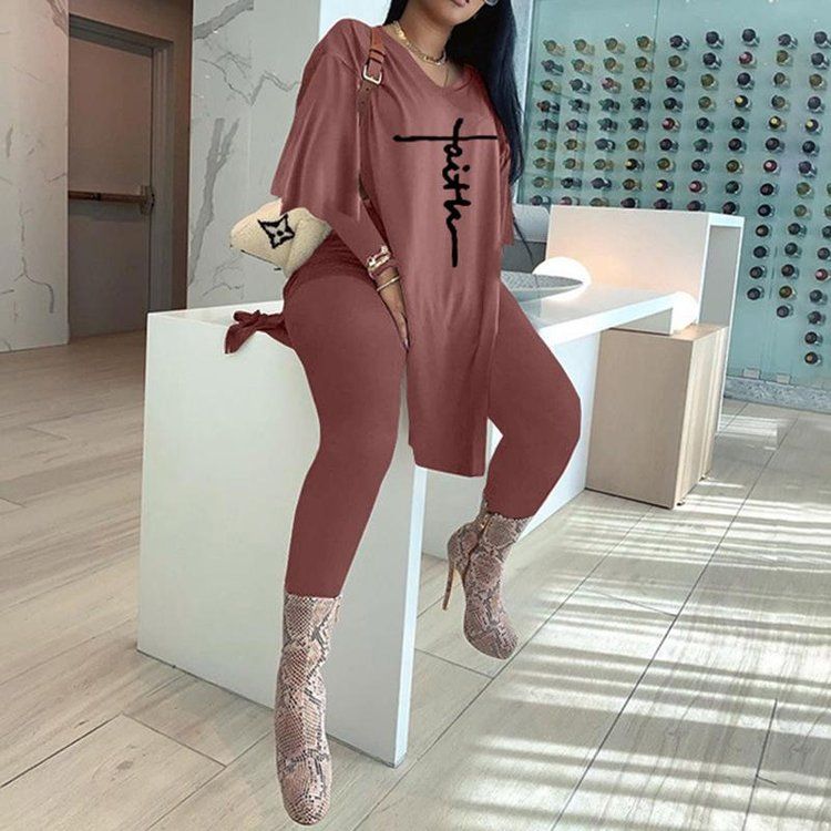 Casual 2-piece Set with Alphabet Print for Women