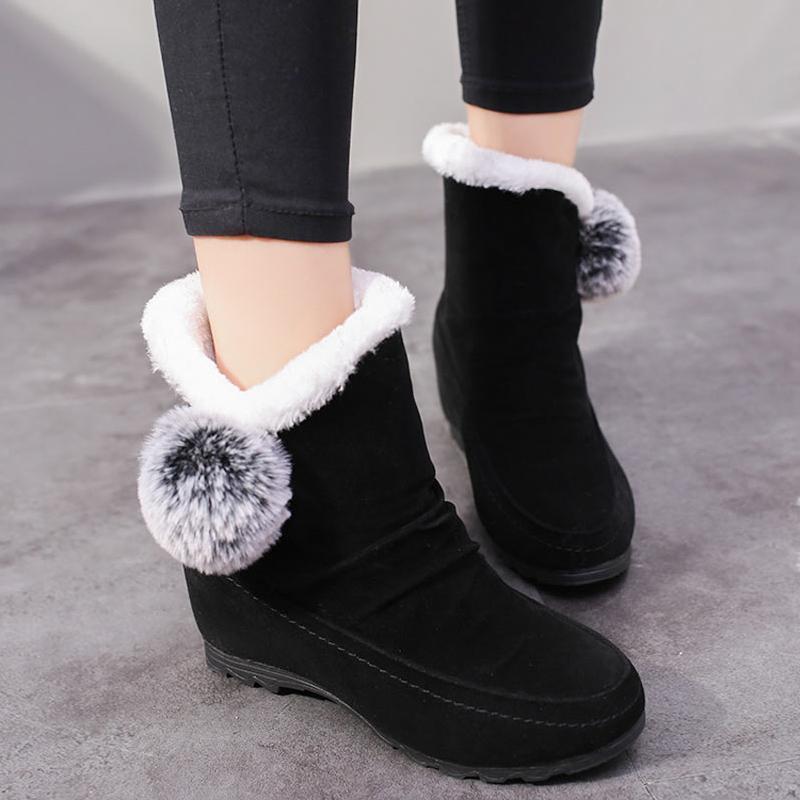 Women Suede Hairball Round Toe Wedges Shoes