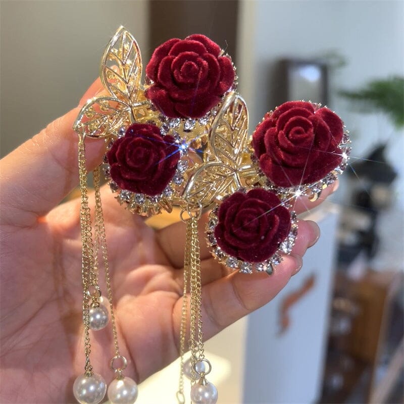 Red Flocked Rose Grab Clip