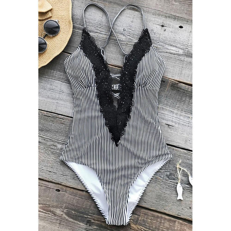 Lace Stripe One-Piece Swimsuit