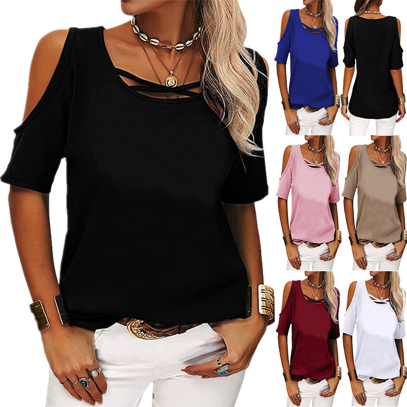 Solid Color Off-the-shoulder Short Sleeves