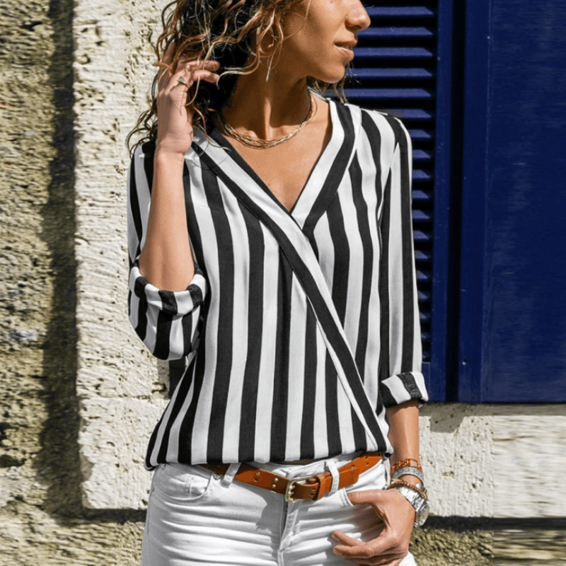 Women Shirt V-neck Striped Print Blouse