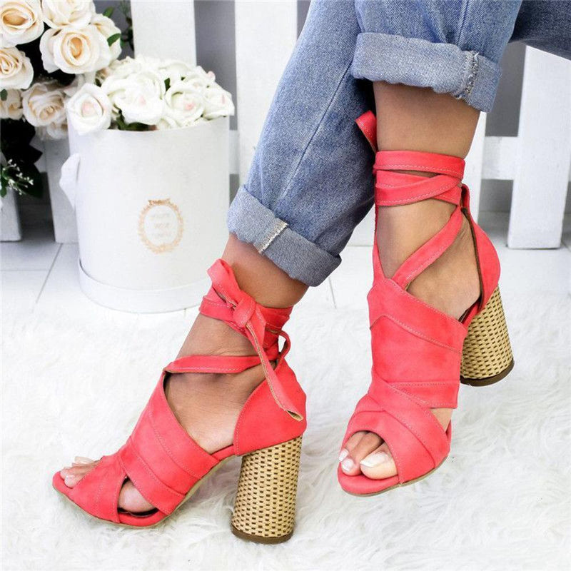 Casual Solid Color Lace Up High Heel Sandals