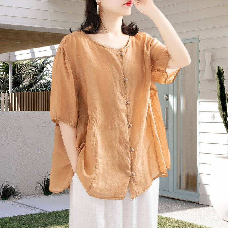 Leisure Solid Color Half Sleeve O-neck Blouse