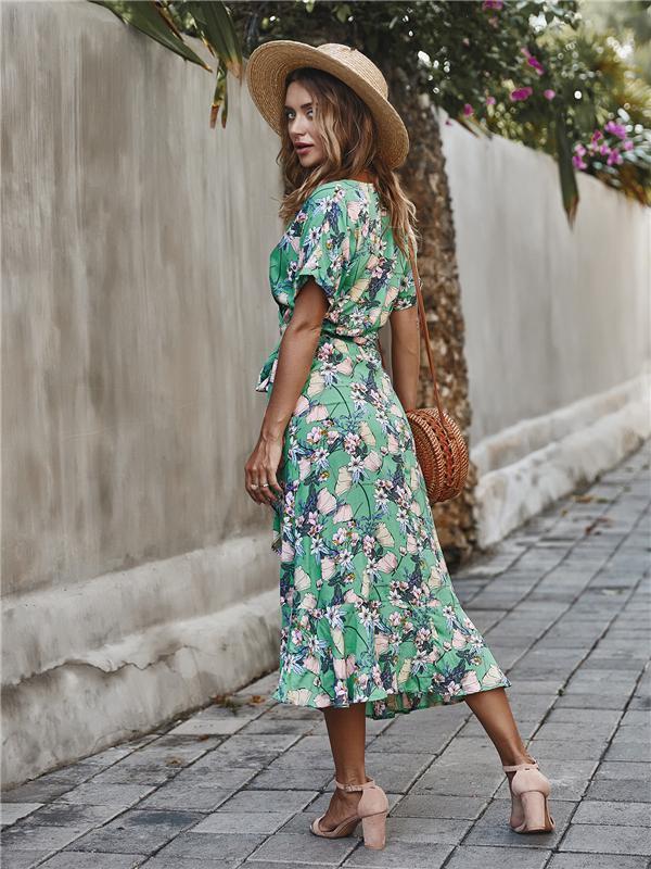 Casual Floral V Neck Short Sleeve Asymmetrical Long Dress