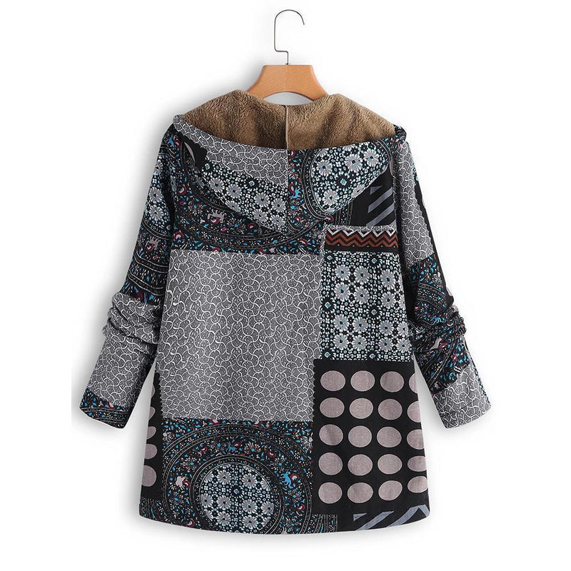 Dotted coat with hood and patchwork pattern