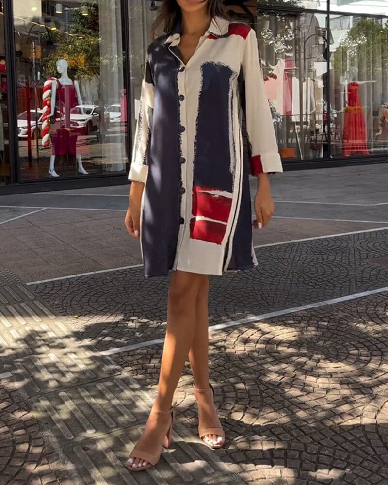 Lapel printed slit dress