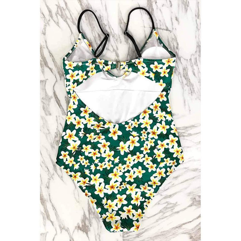 Green Flowers Print One-Piece Swimsuit