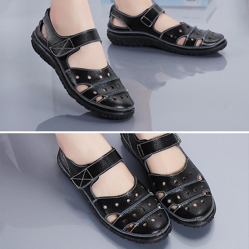 Leather Hollow Out Hook Loop Casual Flat Sandals For Women