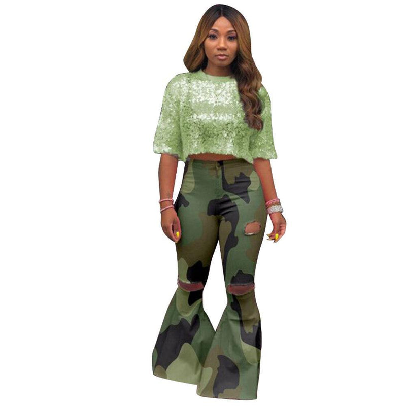 Camouflage Print Hole Flared Pants