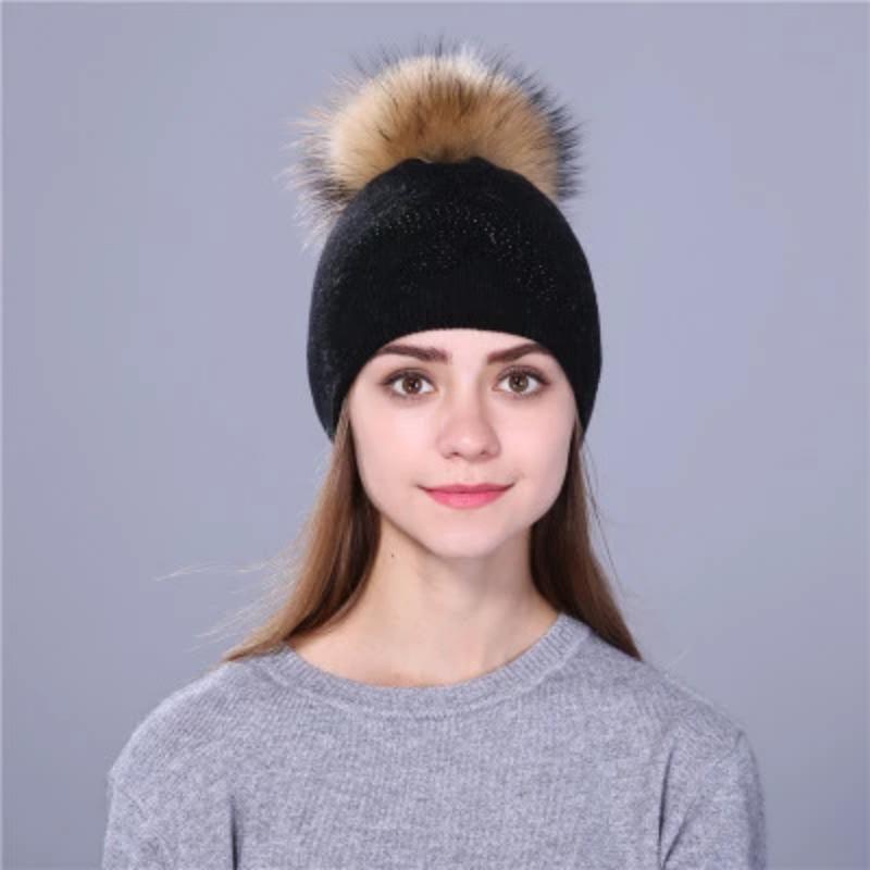 Women Wool Fox Fur Poms Warm Knitted Casual Hat