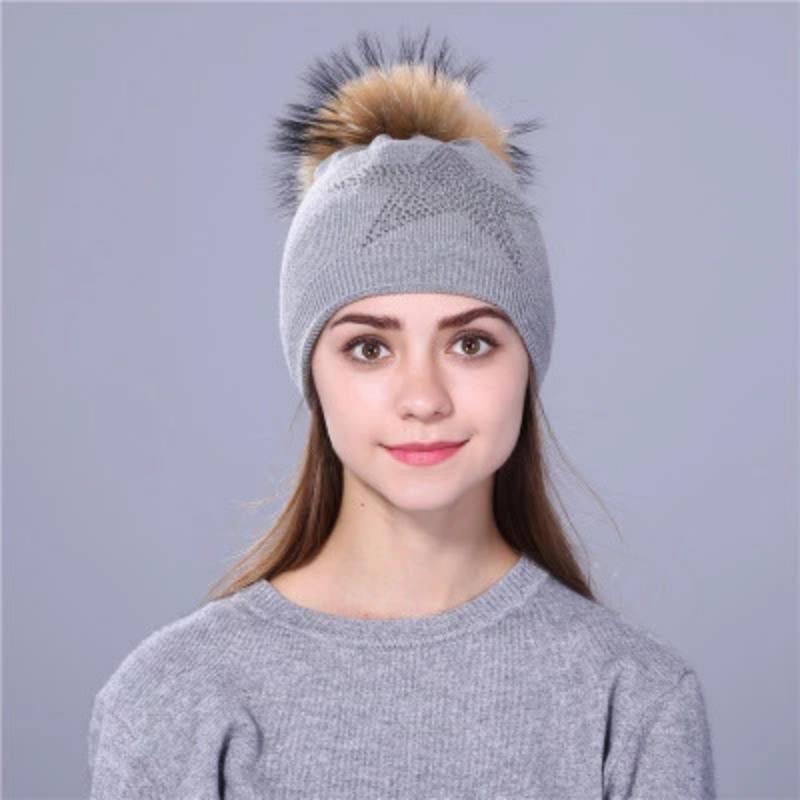 Women Wool Fox Fur Poms Warm Knitted Casual Hat