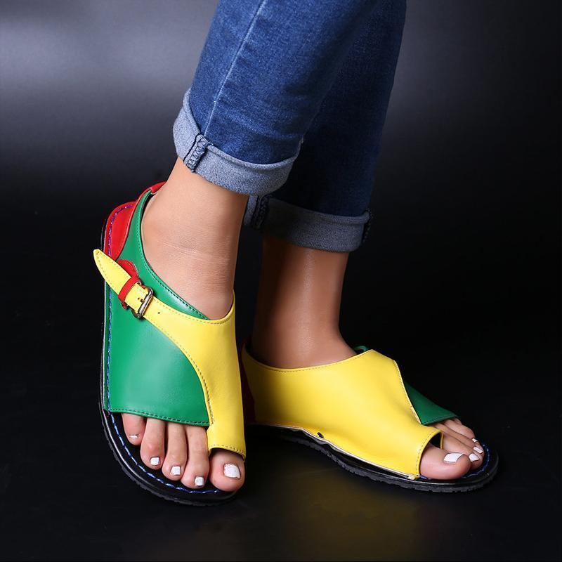 Women Retro Color Splicing Buckle Flip Flops Flat Sandals