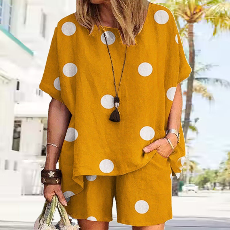 Dot Print Half Sleeve Elastic Waist Suit For Women
