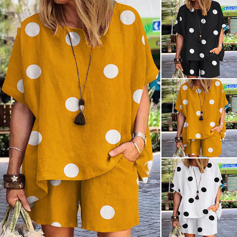 Dot Print Half Sleeve Elastic Waist Suit For Women