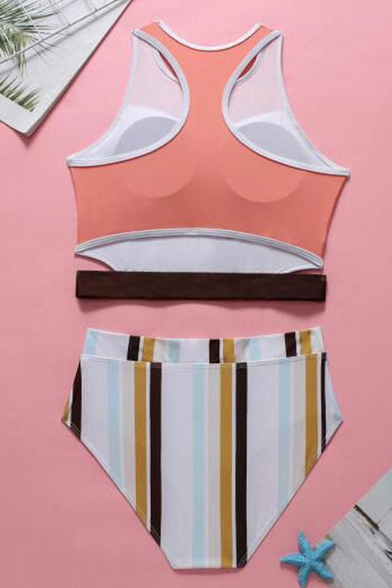 New Color Panel Striped Racerback Cutout Crop Bikini Swimsuit in White.MC