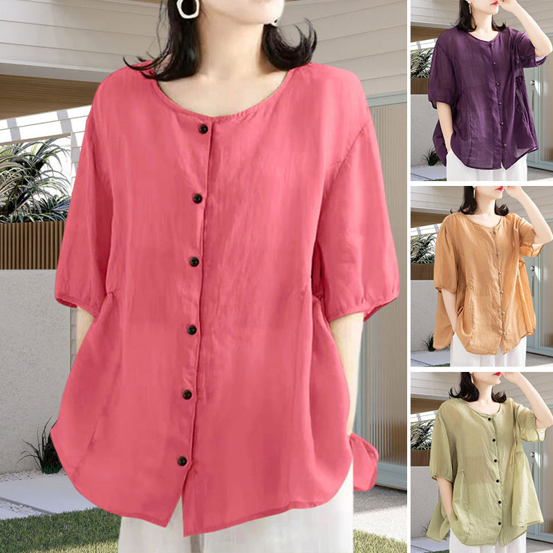 Leisure Solid Color Half Sleeve O-neck Blouse