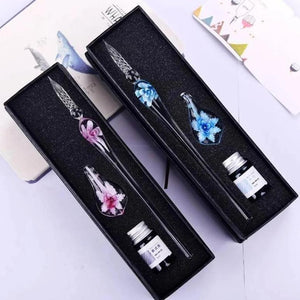 Glass Calligraphy Pen Set with Ink and Pen Rest - Pink Pen with Purple Ink