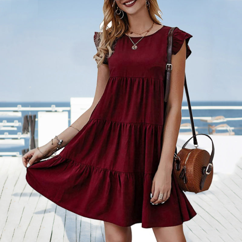 Solid Color Round Neck Pleated Skirt