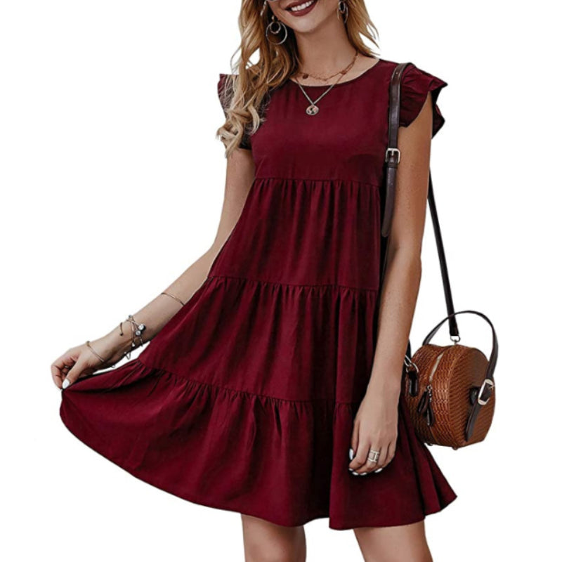 Solid Color Round Neck Pleated Skirt