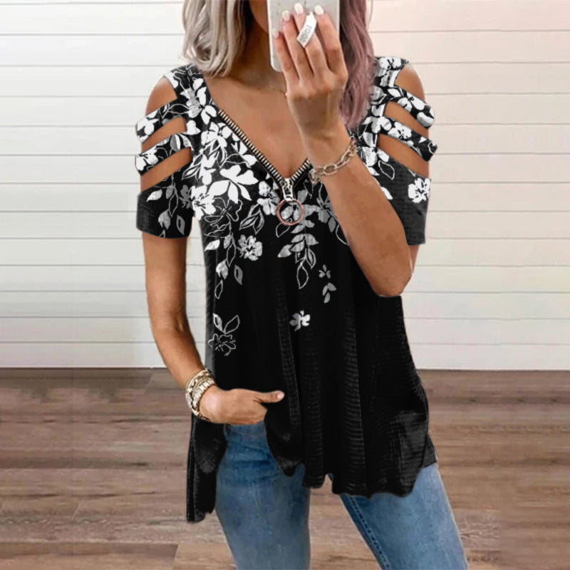 V-Neck Zip Pullover Print Short Sleeves