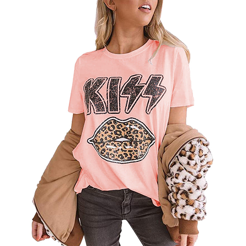 Kiss Print Leopard Lips T-shirt