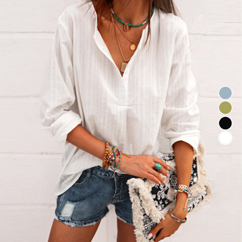 Fashion V-neck Striped Cotton And Linen Casual Shirt